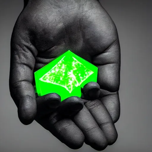 Image similar to a small glowing green shard of kryptonite held between the index finger and thumb of a black - gloved hand, black background