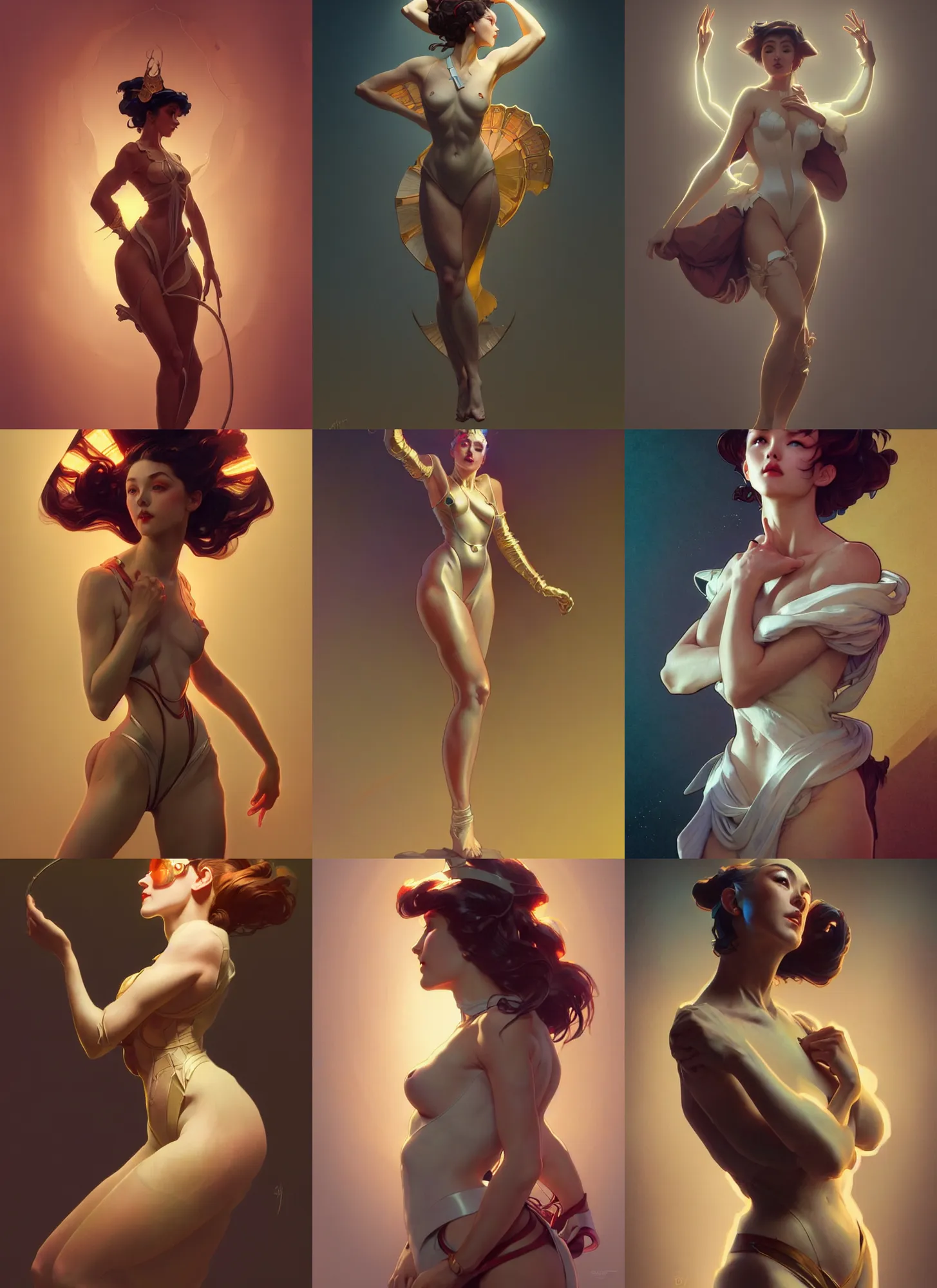 Prompt: digital concept art by artgerm, tooth wu, bierstadt, gurney, stalenhag and alphonse mucha. just one lonely namilia attctive showgirl!! full body!! contour light effect!! 8 k, stage light. octane render. sharp edge. ultra clear detailed, sitting pose