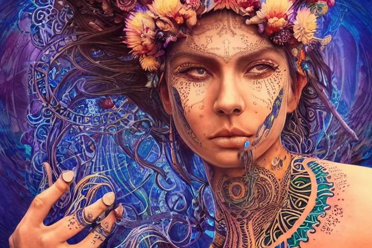 Image similar to a centered full body render of alluring festival hippie goddess with tribal tattoos surrounded by a underwater ink pour and flowing liquid gallium and sacred geometry, perfect face, powerful, cinematic, beautifully lit, by artgerm, by karol bak, by donato giancola, 3 d, trending on artstation, octane render, 8 k