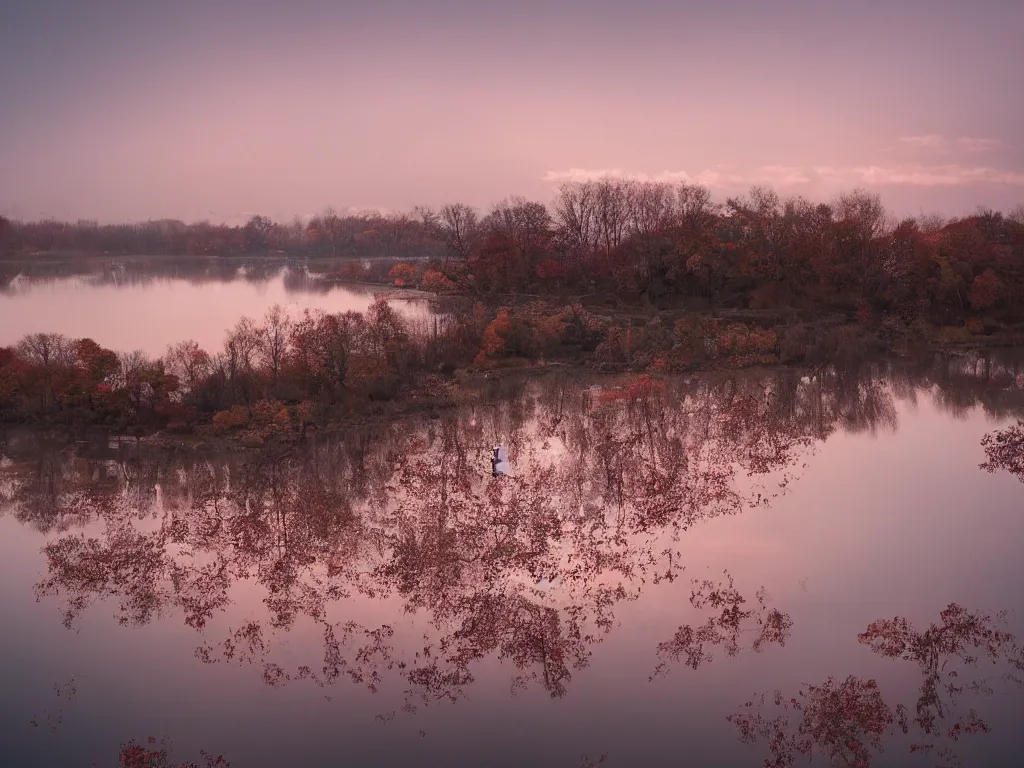 Image similar to rosy clouds fly with lone mallards side by side, autumn waters blend into the hues of th'vast sky, cinematic landscape ， on a snowy day, natural light, by xu beihong