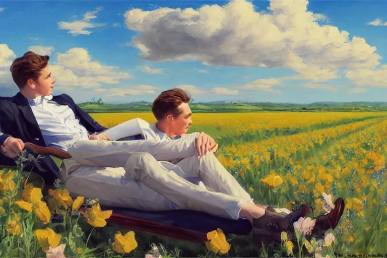 Image similar to 2 attractive men sitting on a coach in flower field, blue sky with clouds, painting by vladimir volegov, j. c. leyendecker, tom of finland, trending on artstation