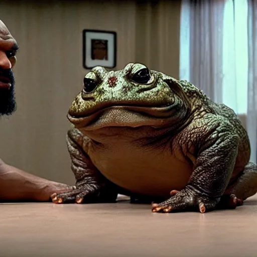 Prompt: a giant toad sitting with mike tyson in a room, realistic still from the movie the big lebowski by the coen brothers, 8 h
