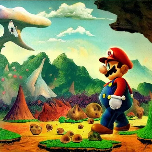 Prompt: super mario lost in the mushroom fields, landscape, on oil painting by frank frazetta