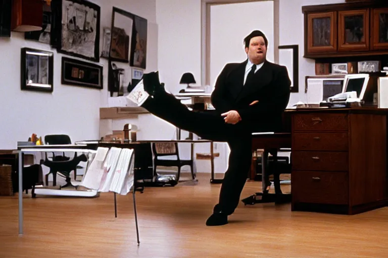 Image similar to cinematic film still from 1994 film: portly clean-shaven white man wearing suit and necktie at his desk, kicking his right foot in the air, XF IQ4, f/1.4, ISO 200, 1/160s, 8K, RAW, dramatic lighting, symmetrical balance, in-frame