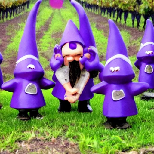 Image similar to purple gnome controlling spirits to fight off tree people in a winery. fantasy