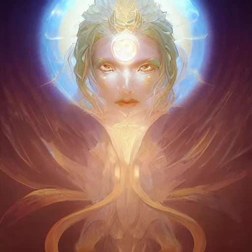 Image similar to female japanese sun elemental, ghostly form, transparent, d & d, golden!!! palette, highly detailed, digital painting, artstation, concept art, sharp focus, illustration, cinematic lighting, art by artgerm and greg rutkowski and alphonse mucha