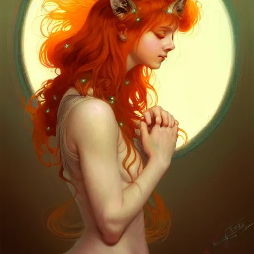 Image similar to Portrait of a girl angel with orange scruffy hair, cat ears, glowing halo, wings, biting her lip, fantasy, intricate, elegant, highly detailed, digital painting, artstation, concept art, smooth, sharp focus, illustration, art by Krenz Cushart and Artem Demura and alphonse mucha