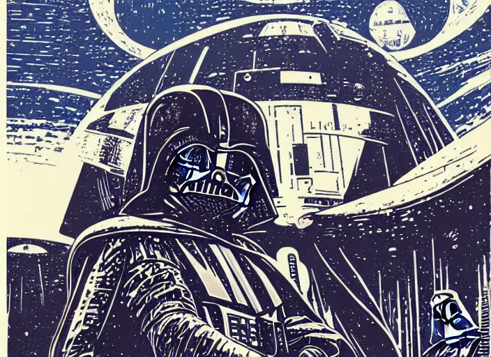 Prompt: star wars 1 9 7 7, linocut art print, by greg rutkowski and thomas kinkade, vector graphic