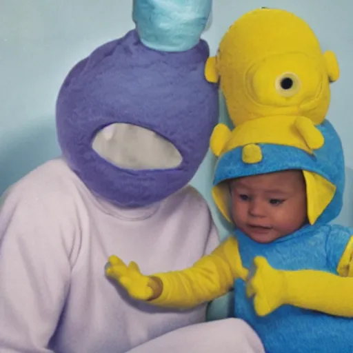 Prompt: Fetus Teletubbie in womb watching TV