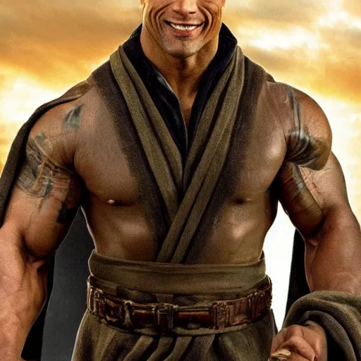 Image similar to dwayne johnson as harry potter character, wearing a wizard robe, full body shot, highly - detailed, sharp focus, award - winning