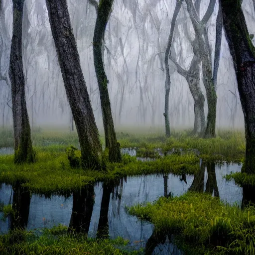 Image similar to artistic swamp with mystic fog, vegetation, few trees