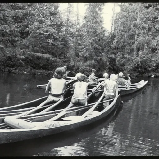 Image similar to a horrible eldritch being made of canoes and canoe paddles, eerie photo, 1 9 8 0 s nostalgic camp photo