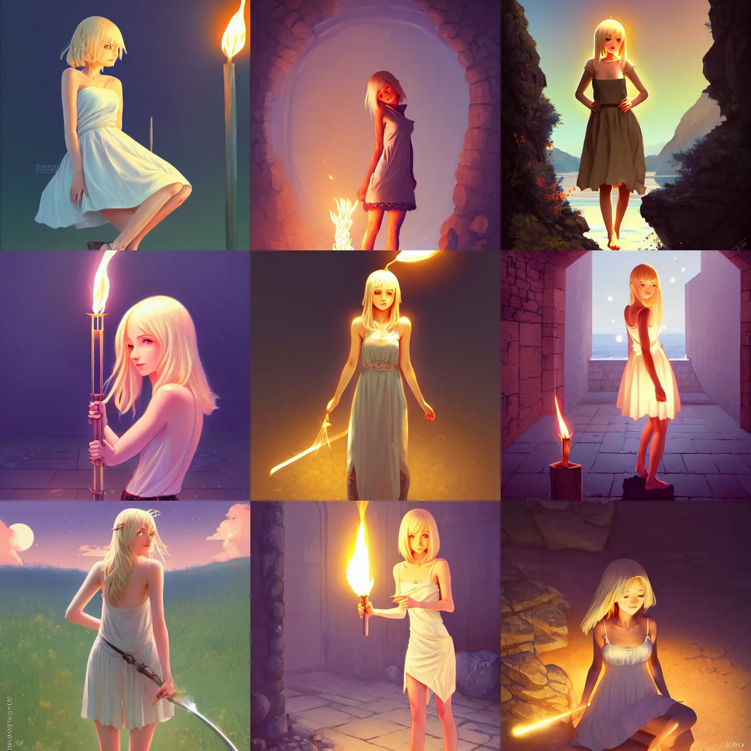 Prompt: realistic image of a beautiful fantasy girl thief in her late 20s in summer dress art, light blonde shoulder-length hair, full body, stand on stone floor, under the lighting torch, fantasy dungeon, by Ilya Kuvshinov