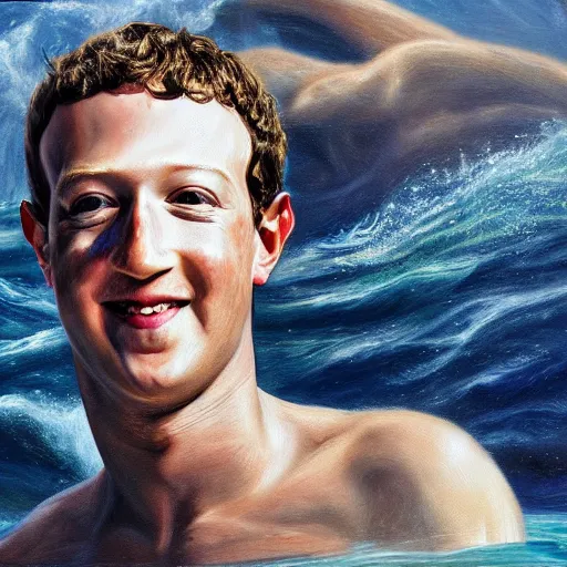 Prompt: mark zuckerberg as poseidon emerging out of the water, oil painting