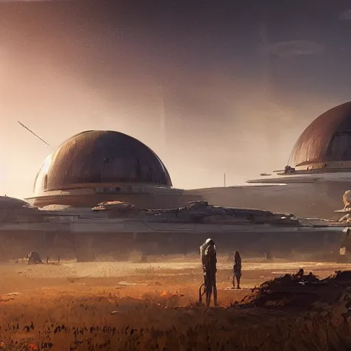 Prompt: star wars concept art by greg rutkowski, brutalist looking domes in the middle of a savannah landscape, cinematic sunset lighting, dramatic atmosphere.