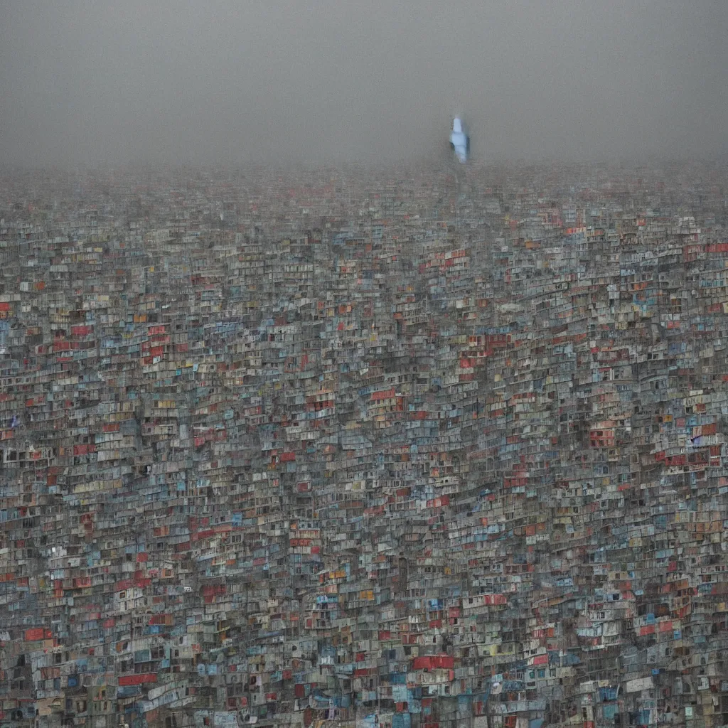 Image similar to close - up view of a tower made up of makeshift squatter shacks with faded colours, moody cloudy sky, uneven fog, dystopia, mamiya, fully frontal view, very detailed, photographed by andreas gursky