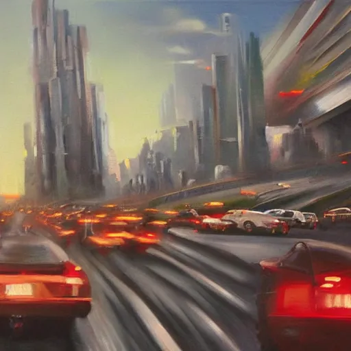 Prompt: oil painting, a traffic jam with some very angry drivers on a futuristic city