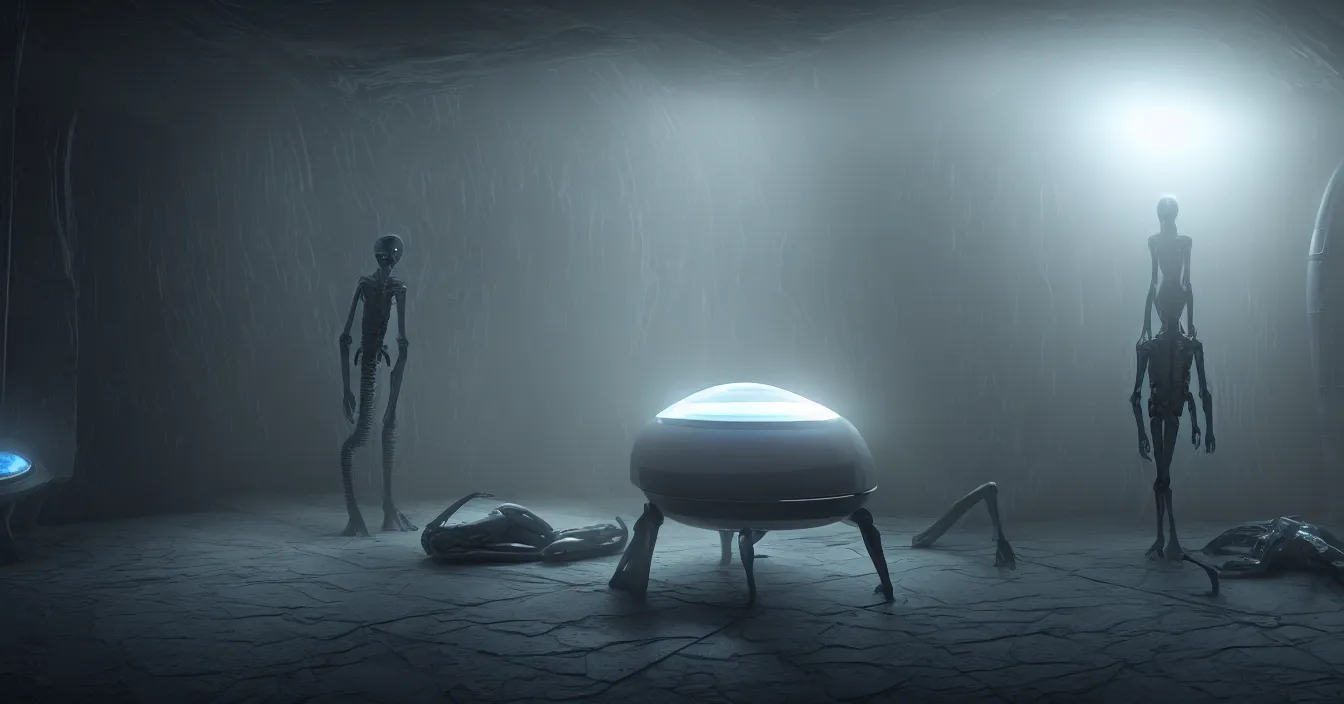 Prompt: very detailed interior of the alien spaceship with translucent skinny humanoid, standing near translucent coffin with dead body. volumetric light, dark atmosphere, dramatic view, strong ambient occlusion, raytracing, raymarching, from movie by ilm, digital domain, weta digital