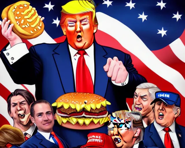 Image similar to !! donald trump!! licking a! cheeseburger! at a rally with american flags, deep focus, fantasy, intricate, highly detailed, digital painting, artstation, concept art, matte, sharp focus, illustration, hearthstone, art by artgerm and greg rutkowski and alphonse mucha,! hamburger!