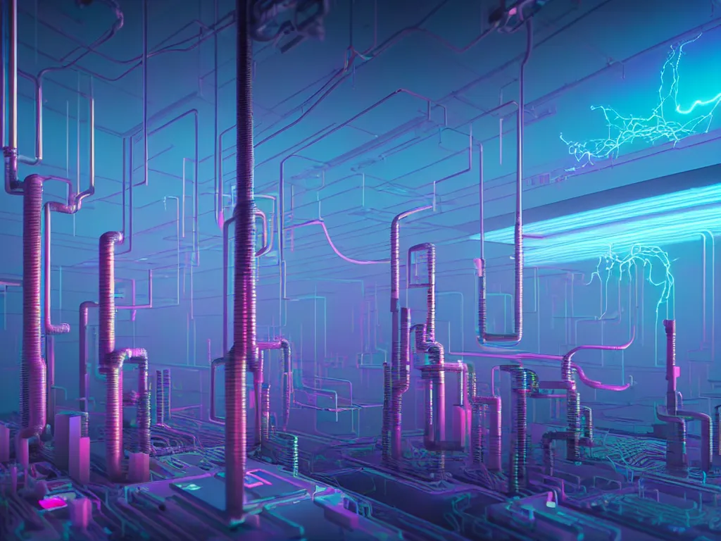 Prompt: an immaculate vaporwave octane redshift render of the nexus between a vast modern computing center and an alchemist's lab with exposed circuit boards, nixie tubes and tesla coils by Zdzisław Beksiński and beeple, beautiful modern colors, ultradetailed, 4k ultra