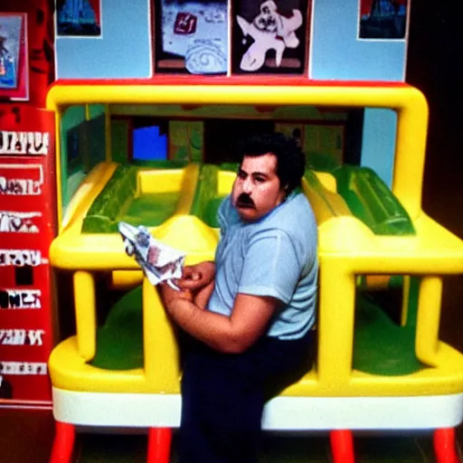 Image similar to Pablo Escobar smoking a joint in the middle of a McDonald’s playplace