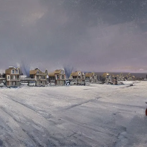 Prompt: an extremely detailed painting by cedric peyravernay of a large array of houses in a contested territory between the soviet union and america, snowy landscape, authoritarian vibes, extremely detailed, 4 k