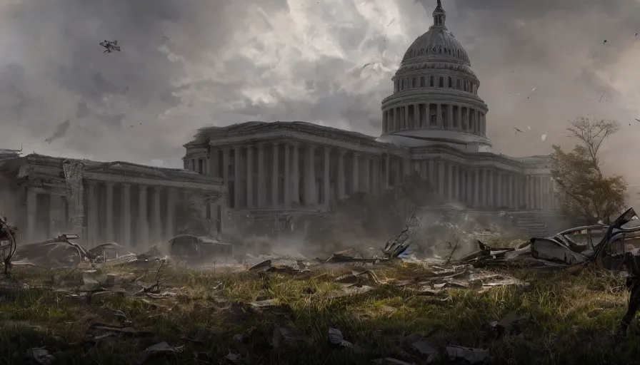 Prompt: shooting between survivors in washington dc ruins, debris, vegetation, capitol, cloudy day, volumetric light, hyperdetailed, artstation, cgsociety, 8 k