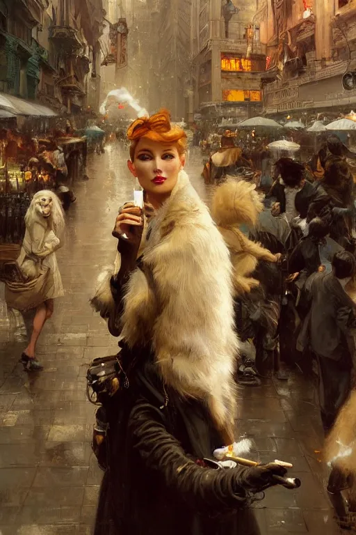 Image similar to beautiful portrait of an attractive white female anthro wolf smoking a cigarette in a bustling crowd of a rainy city street, steampunk, female fursona, 4 k, trending on artstation, by gaston bussiere, craig mullins, artgerm, greg rutkowski, alphonse mucha