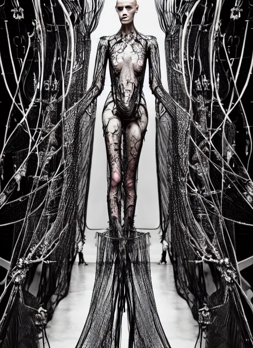 Image similar to walking down the catwalk, ben watts, show, stage, vogue photo, podium, fashion show photo, historical baroque dress dark, iris van herpen, beautiful woman, masterpiece, intricate, biopunk, vogue, full body shot, alien, plant predator, guyver, giger, wires, tubes, veins, jellyfish, white biomechanical details, highly detailed