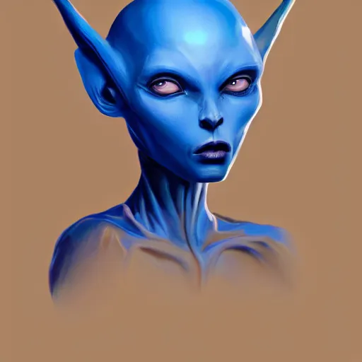 Prompt: antrophomorphic blue alien girl, intricate, highly detailed, digital painting, artstation, oppressive lighting, fashion concept art, sharp focus, illustration