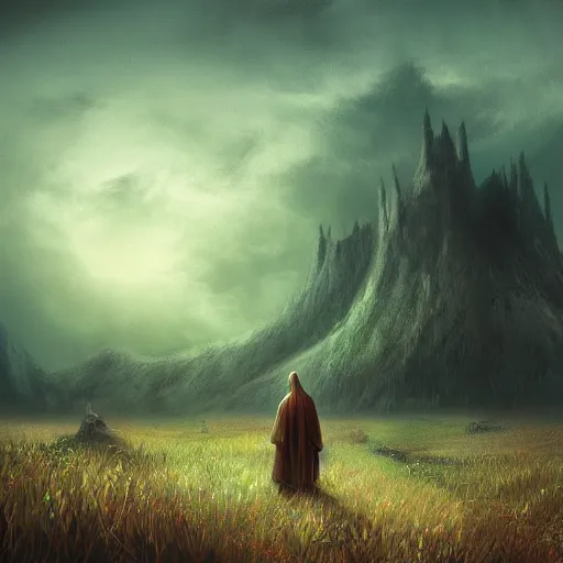 Prompt: Old prophet wandering about a haunted meadow, Fantasy Realm, Digital Art, 4k