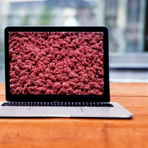 Image similar to a macbook made of ground beef, high quality photograph, ultra realistic, hyperrealism