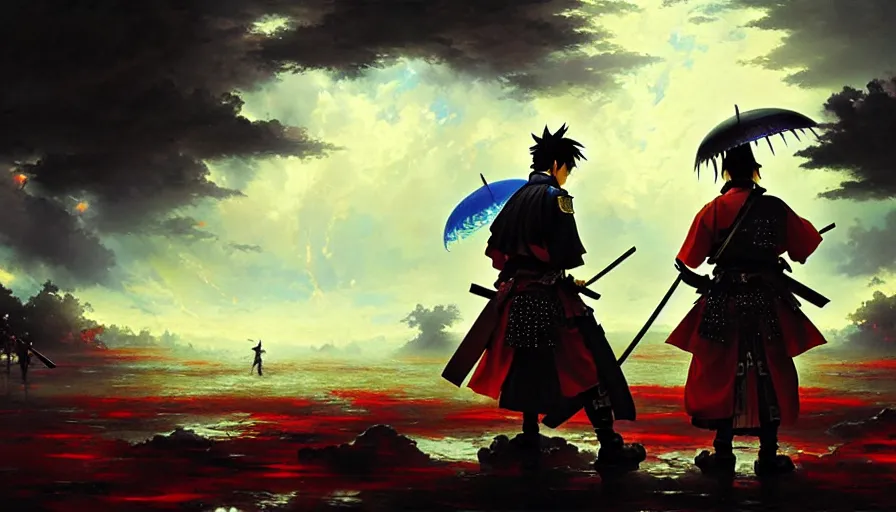 Prompt: baroque oil painting of key visual great samurai war, rain, storm, final fantasy, fake detail, trending pixiv fanbox, acrylic palette knife, style of makoto shinkai takashi takeuchi yoshiyuki sadamoto greg rutkowski chiho aoshima