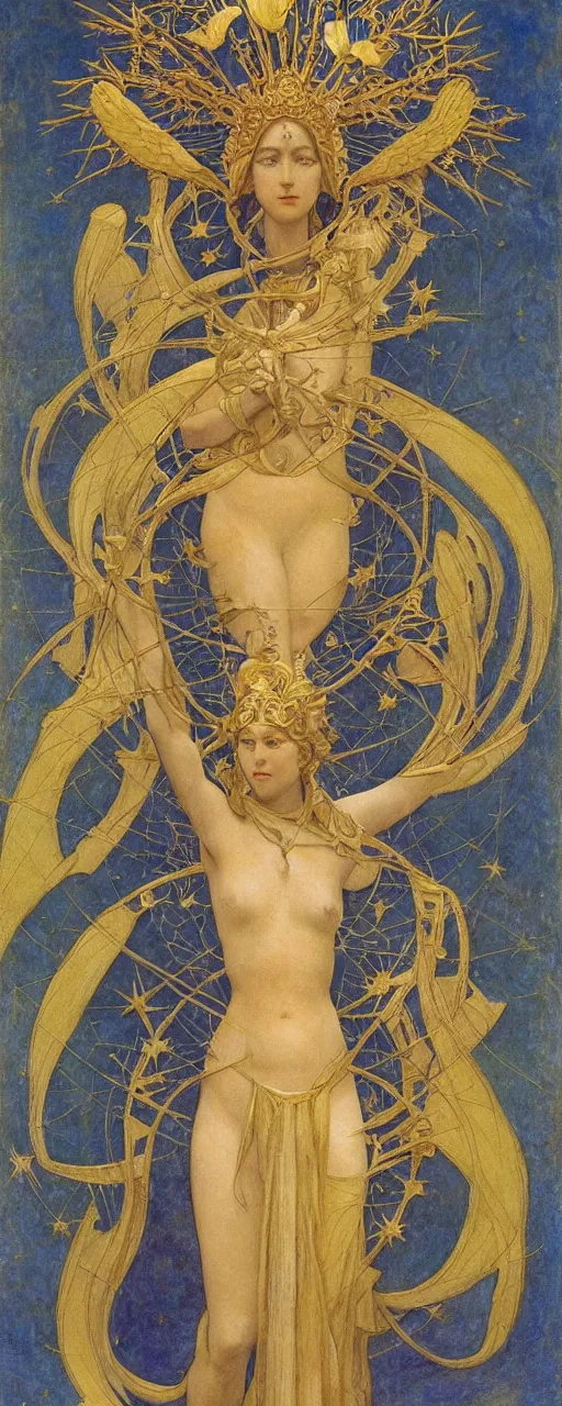 Image similar to saint woman, venus, athena, queen, by annie swynnerton and nicholas roerich and jean delville, strong dramatic cinematic lighting, ornate headdress, flowing robes, spines, flowers, stars, lost civilizations, smooth, sharp focus, extremely detailed, marble, obsidian, gold, space