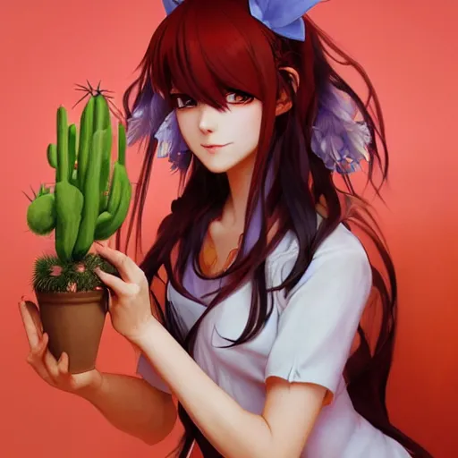 Image similar to A red-haired anime girl with fox ears and an evil grin in an orange jumpsuit holds a cactus artwork of a single character, highly detailed, digital painting, artstation, smooth, sharp focus, illustration, art by artgerm and greg rutkowski and alphonse mucha