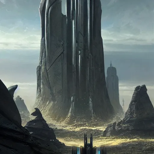 Image similar to pulp fantasy concept art painting of an alien civilisation, sacred monoliths, futuristic, technocracy, toxic, shrines, by greg rutkowski and james gurney