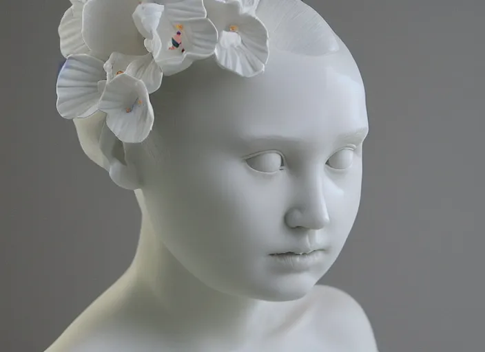 Image similar to full head and shoulders, beautiful female porcelain sculpture by daniel arsham and raoul marks, smooth, all white features on a white background, delicate facial features, white eyes, white lashes, detailed white 3 d giant poppies on the head