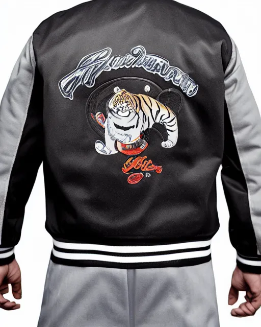 Prompt: photo back of a man wearing baseball jacket with a big tiger embrodery, irezumi, dark hangar background, centered, studio lighting, 1 5 0 mm