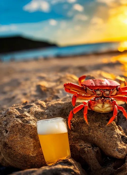 Prompt: a happy crab beside a beer at the beach, golden hour, bokeh, 4k