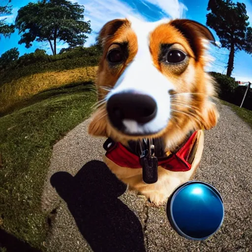 Image similar to fisheye lens photo of a dog wearing a fake moustache