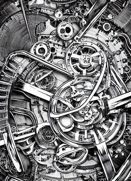 Prompt: black and white boho scientific illustration of mysterious and arcane mechanical items. by skullfungus, composition, fine lines, very high details