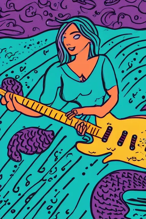 Image similar to illustration of a mermaid playing an stratocaster electric guitar, surf art