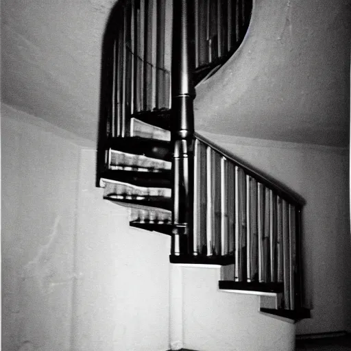 Image similar to found footage of spiral staircase in the basement of a mid - century home descending into darkness, hi - 8 camera, night vision