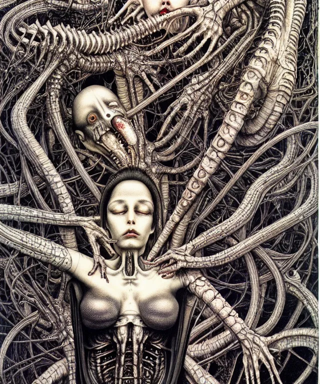 Image similar to realistic detailed photo of the miracle of life by H.R.Giger, Vania Zouravliov, by Ayami Kojima, Amano, Takato Yamamoto