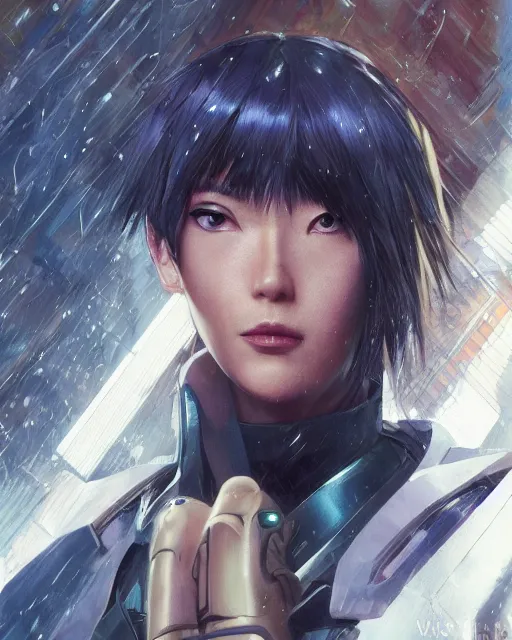 Image similar to weta disney pixar movie still portrait photo of motoko kusanagi ghost in the shell : : as cyborg woman by pixar : : by weta, wlop, ilya kuvshinov, rossdraws, artgerm, marvel, maxim cover, latex, octane render, sweaty, iridescent, bright morning, anime, liosh, mucha : :