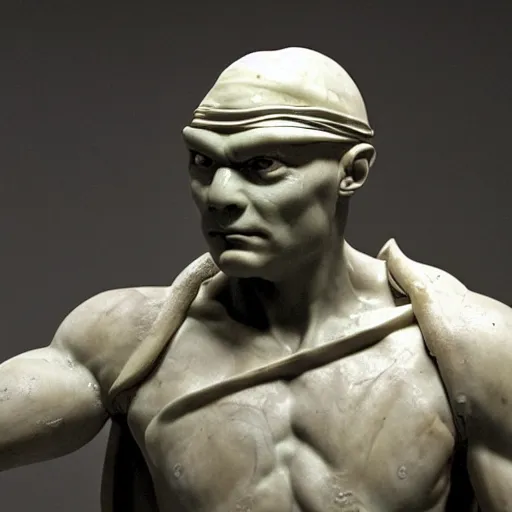 Image similar to donatello of the teenage mutant ninja turtles as a sculpture from the renaissance made of white marble, high details, cinematic, photorealistic