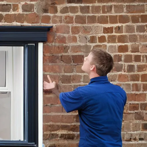 Prompt: ten perplexed builders inspecting and discussing sash window