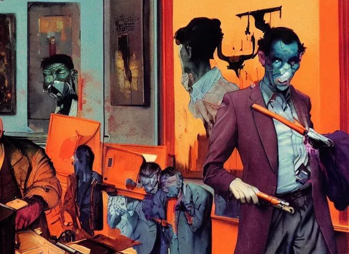 Image similar to a still from the tv series law and order by francis bacon and norman rockwell and james jean, and mark brooks, triadic color scheme, by greg rutkowski, syd mead and edward hopper and norman rockwell and beksinski, dark surrealism, purple and orange and turquoise