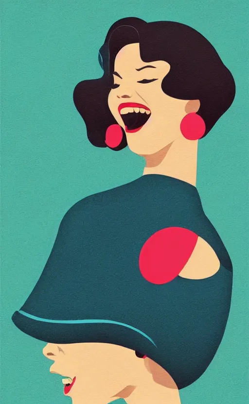 Image similar to illustration with a modern woman with short hair laughing out loud, art deco painting by tom whalen, funny meme photo, trending on behance, digital illustration, storybook illustration, grainy texture, flat shading, vector art, airbrush, pastel, watercolor, poster