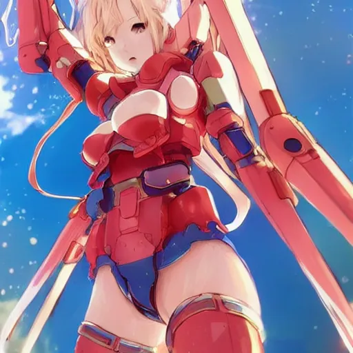 Prompt: digital anime art, wlop, rossdraws, sakimimichan, > > very small cute girl < < standing on a large wooden table, red mech arms + red mech legs,